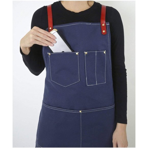 Blue Canvas and Leather Utility Apron with Pockets - Picture 3 of 8